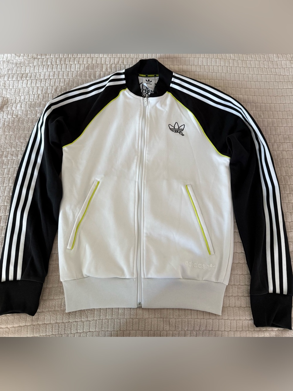 adidas White and Black Track Jacket with Neon Yellow Trim
